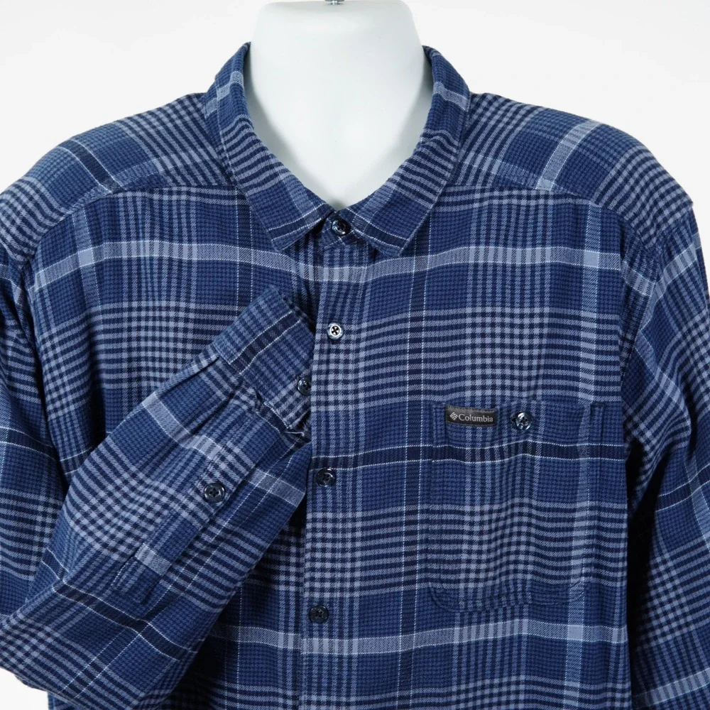 Columbia Mens 3XL Flannel Blue Plaid Button Down Shirt Big & Tall Long Sleeve